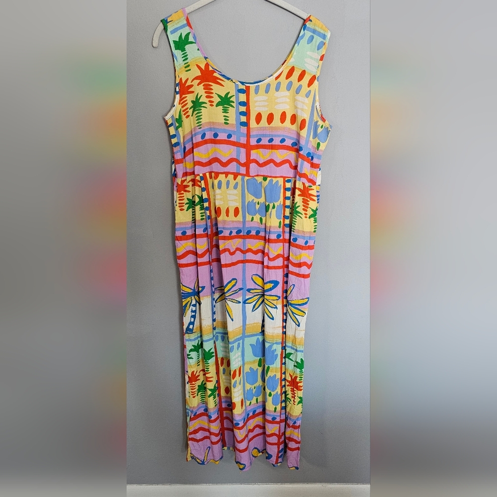 Vintage Jams World Midi Dress Size S Colorful Tropical Y2K Hawaii Art Pockets